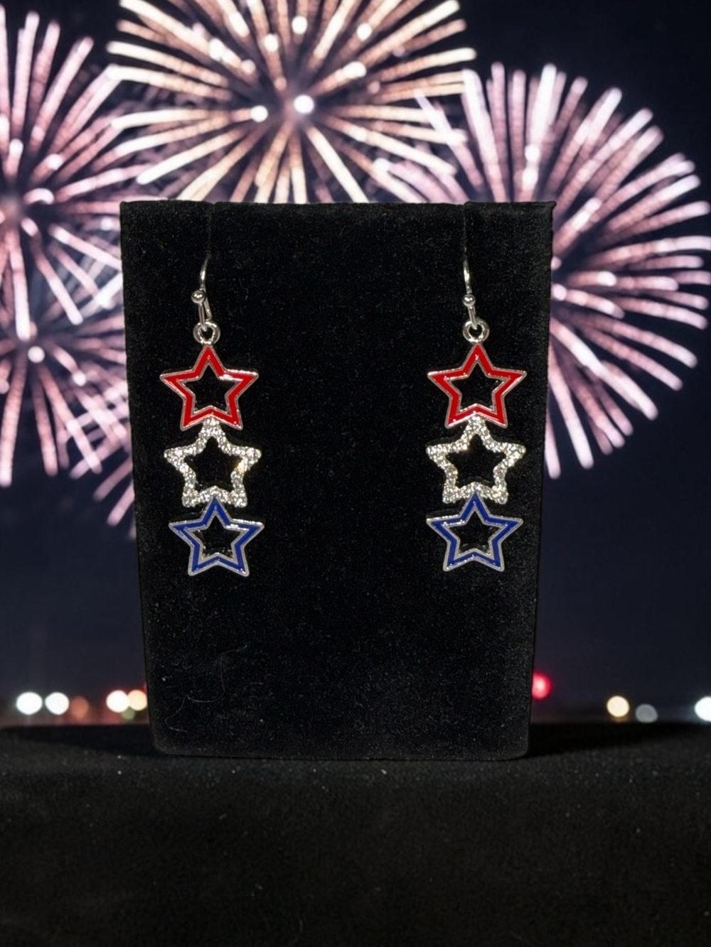 Patriotic Triple Star Dangle Earrings - Red, Silver & Blue